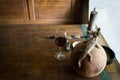 A glass of red wine on the table. MenÃ¢â¬â¢s accessorizes Royalty Free Stock Photo